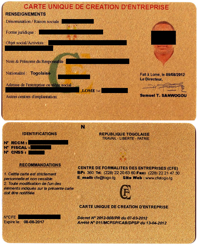 Carte Unique d'Entreprise Carte Unique de Création d'Entreprise (CFE Togo)